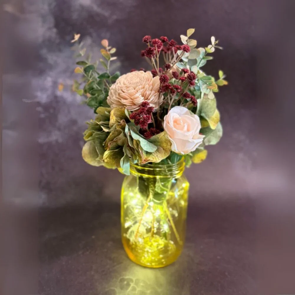 Farmhouse Wood Floral Arrangement in Mason Jar w/ LED Lights – Home Décor